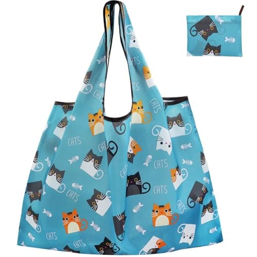 Image of FenFang Reusable Shopping Bags Foldable, Extra Large Grocery Bag, Washable Eco Friendly Pocket Shopper Bag, Lightweight Handbag Tote Bag Portable Pouch for Travel Picnic, 56 X 67 cm (Blue Cat)