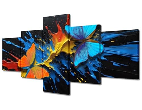 Image of 5 Piece Splash of Bright Colorful Oil Painting Canvas Wall Art Abstract Contemporary Art Wall Paintings Orange and Blue Tropical Morpho Butterfly Home Office Decorations 50"Wx24"H