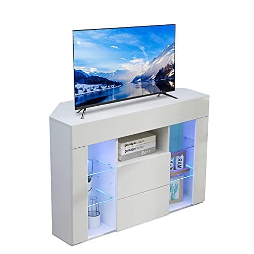 Image of Dripex Corner TV Unit Entire Front High Gloss TV Stand Cabinet Cupboard Storage Furniture for Home Living Room Bedroom 100CM with RGB Lights for 32 40 45 50 inch TV - White