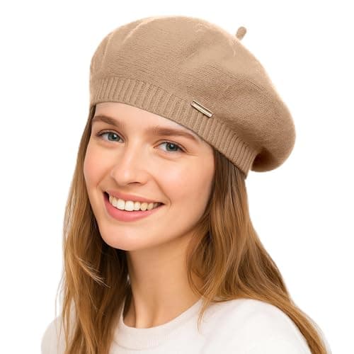 Image of Yanmucy Beret Hat Women Girl, Fluffy Knitted French Beret Warm Classic Beanie Hats Cap for Ladies Men Winter Autumn (UK, Alpha, One Size, Khaki)