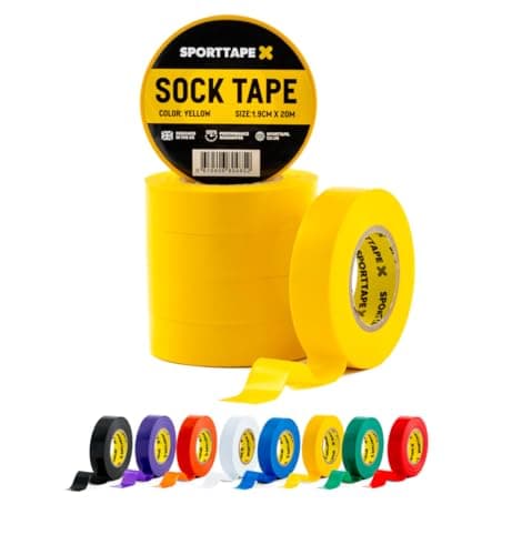 Image of SPORTTAPE 6 Rolls Sock Tape - Yellow - 1.9cm x 20m | PVC Insulating Tape for Football, Soccer & Rugby - Holds up Football Socks, Shin Pads & Shin Guards | Secures Lifting Blocks, Boots & Ears