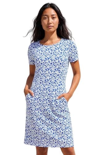 Image of Roman Petite Ditsy Floral Pocket Stretch Dress for Women UK - Ladies Everyday Holiday Spring Summer Notch Neckline Comfy Soft Evening Vacation Work Party - Petite Blue White - Size 14