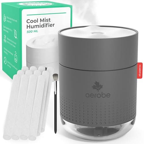 Image of Aerobe Humidifier for Bedroom with Night Light & 12 Extra Filters, 500ML Cool Mist Humidifiers for Home and Plants, Humidifiers for Baby with 12~16 Working Hours, Waterless Auto-Off Mini Humidifier