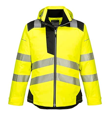 Image of Portwest PW3 T400 Mens Hi Vis Hooded Work Jacket Waterproof Lightweight Quilt Lined Thermal Winter Safety Coat 300D Oxford Reflective Tape for Construction Rail Utility, Yellow/Black, S