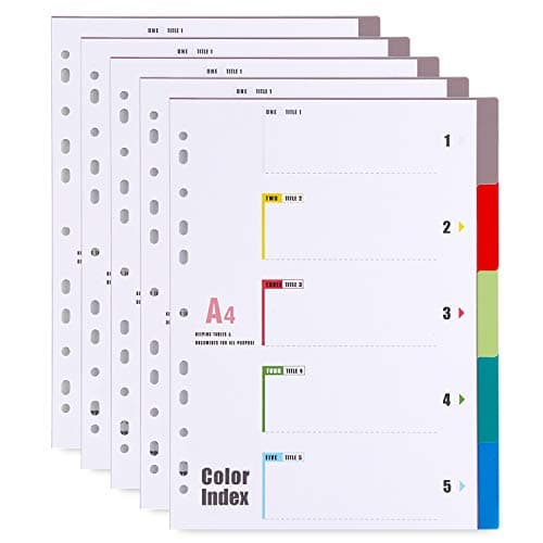 Image of A4 File Dividers 5 Part Plastic Filing Subject Dividers (5 Pack) Multi-Colour Index Tabs with Multi Hole Punched & Content List for School Office Home