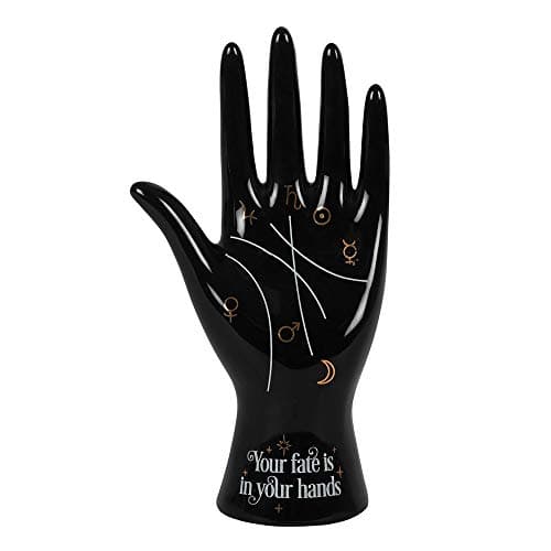Image of Modern Black Ceramic Palmistry Hand Ornament - 20cm x 10cm (1 Pc.) - Metallic Gold Astrology Symbols - Perfect for Holding Accessories