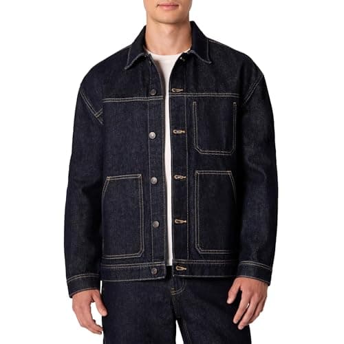 Image of Amazon Essentials Men's Rigid Denim Relaxed-Fit Utility Jacket, Rinse, XL