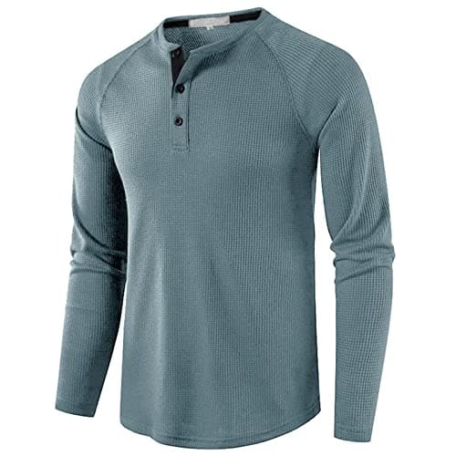 Image of MakingDa Mens Waffle Henley Shirt Long Sleeve Lightweight Casual Outdoor Henley Top Slim Fit Collarless Grandad Collar T Shirt Light Blue
