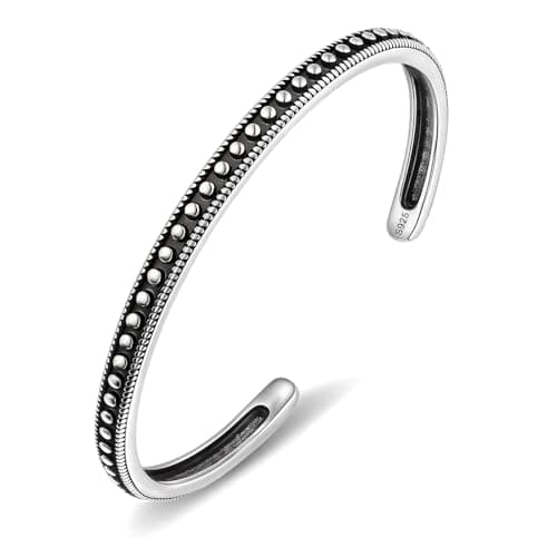 Image of Weviway S925 Sterling Silver Open Cuff Bangle, Vintage Adjustable Black Silver Dots Bracelet, Boho Handmade Jewellery Gift for Women Men