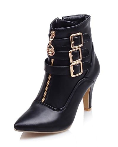 Image of Minetom Women Autumn Winter Mid Calf Leather Boots High Heel Zipper Military Buckle Motorcycle Cowboy Ankle Booties Black UK 4