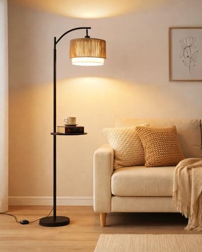 Image of Wio-Mio Rattan Floor Lamp, Floor Lamp for Living Room, Standing Lamp with Foot Switch, Black Boho Floor Lamp, Fabric Double Shade, 3 Color Temperatures, Bulb Included