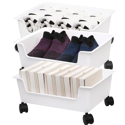 Image of Noamus 3 Pack Under Bed Storage, Underbed Toys Storage Containers with Wheels, Plastic Bedroom Storage Organization, Under Bed Storage Bins Drawer For Clothes Blankets Shoes Books, White