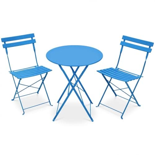Image of Warmiehomy Folding Bistro Table and Chairs Set of 2, 3 Piece Metal Garden Table and Chairs with Anti-Slip Fee, Weather-Resistant Outdoor Conversation Furniture for Balcony, Patio, Yard, Royal Blue