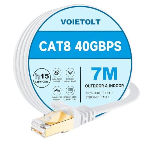 Image of VOIETOLT Cat8 Ethernet Cable 7M, 40Gbps/2000Mhz Flat High Speed Network Cable, STP RJ45 Gigabit Cat-8 Lan Internet Cable for PS4/5, for Modem - White