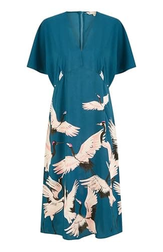 Image of Yumi Teal Recycled Fabric Crane Print Kimono Midi Dress (UK, Numeric, 20, Regular, Regular, Blue)