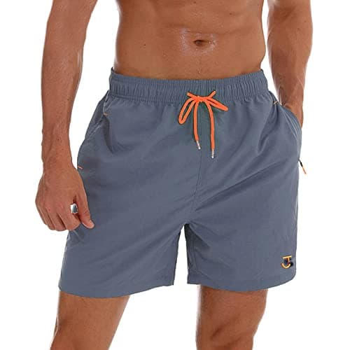 Image of JustSun Mens Swimming Shorts with Zip Pockets Swim Board Shorts Quick Dry Beach Shorts Swim Trunks Surf Shorts Mesh Lining Grey Large
