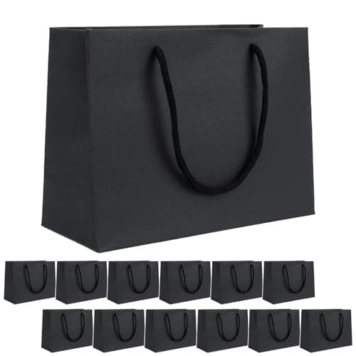 Image of 12 PCS Black Kraft Paper Gift Bags 35x26x13cm - DIY Party Favor Tote for Birthday, Wedding, Christmas, Baby Shower, Shopping - Sturdy Waterproof Adjustable Handles