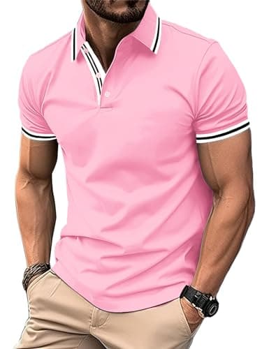 Image of geeksport Men's Polo Shirt Short Sleeve Golf Polo Outdoor Breathable Tops for Mens Sports T-Shirt Work Tee Pink L