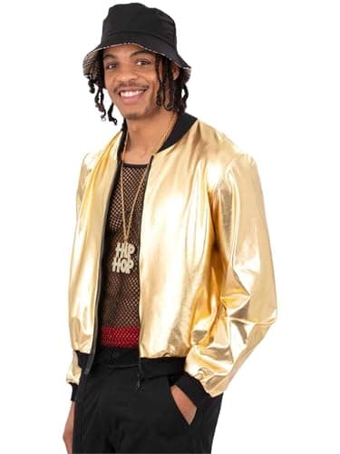 Image of Smiffys Men’s Gold Jacket, Shiny Metallic Bomber Style Zip-Up with Black Trim, Fancy Dress Costume for 80s Hip Hop, Disco Parties, Festivals and Themed Events, Small