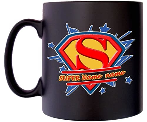 Image of Klassek Personalised Superman Super Dad Styled Custom Your Name Man Mug Coffee Tea 10oz Black Satin Gift Present