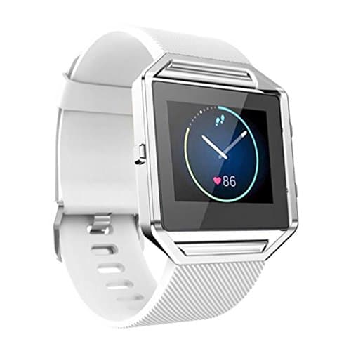 Image of Maucoray Watch Band with Stainless Steel Frame for Fitbit Blaze Smartwatch, Silicone Bracelet Replacement Accessories Adjustable Wrist Strap Wristband for Women Men (White, Large)