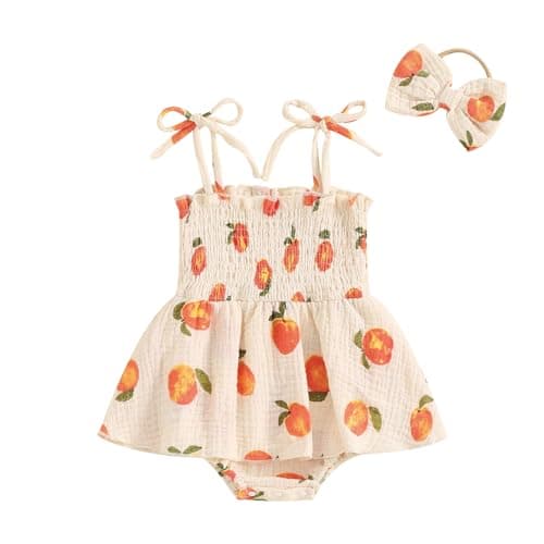 Image of Himllauen Infant Baby Girls Summer Romper Dress Toddler Sleeveless Peach Print Cami Playsuit with Headband for Newborn Girl (Beige, 0-3 Months)