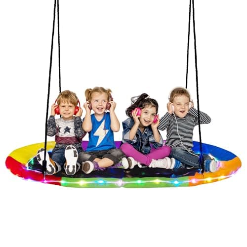 Image of COSTWAY Kids Nest Swing, 150cm Giant Platform Swing with LED Lights, Adjustable Hanging Ropes, 300kg Capacity Tree Swing Seat for Outdoor Indoor