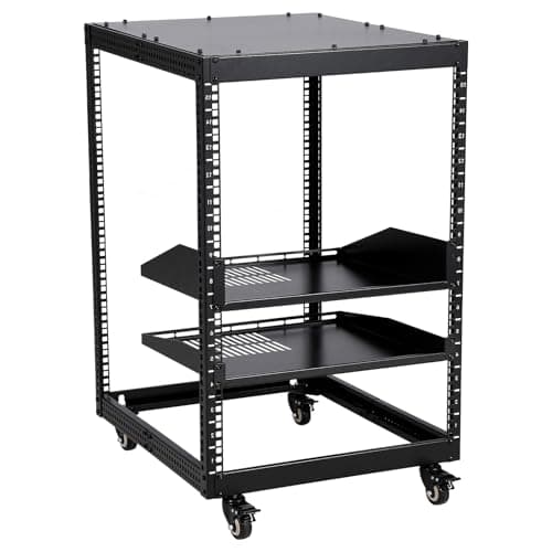 Image of Aptliton 15U Open Frame Server Rack 19 Inch, Adjustable Depth 58.5-101.6cm Network Cabinet, Wall Mount Data Cabinet with 2 Shelves & Casters, Heavy Duty AV Rack for Home Lab, Black