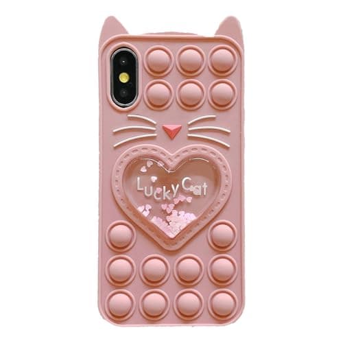 Image of Asgens Fidget Phone Case for iPhone X/XS, Cartoon Lucky Pop Pink Cat Quicksand Bling Stars Push Bubbles Shockproof Silicone Soft Case for Apple iPhone X/XS 5.8 inch