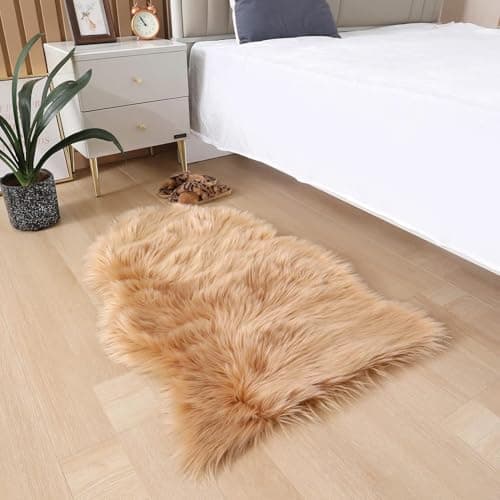 Image of JXLOULAN Soft Faux Fur Sheepskin Rug Light Brown 60x90 cm, Fluffy Area Rug Machine Washable, for Bedroom, kids room, Living Room, Nursery Decor