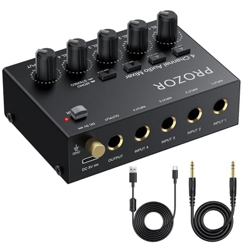Image of PROZOR 4-Channel Compact Audio Mixer - 6.35mm Audio Stereo Mixer with Independent Volume Control Dual Mono/Stereo Modes, Ultra-Low Noise, Type-C Powered Metal Shell for Studio Guitar Keyboard Mic