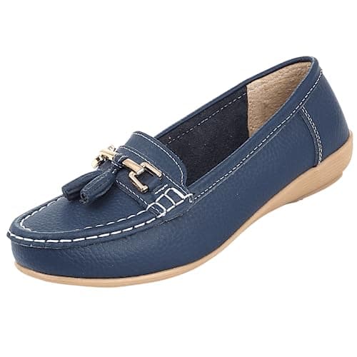 Image of Ladies Nautical Wide FIT Leather Smart Loafer Tassel Moccasin Flat Slip On Comfort Shoe Size 4-8 (Dark Blue, 6)