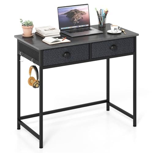 Image of COSTWAY Computer Desk, Wooden PC Laptop Table Writing Workstation with 2 Drawers and 4 Hanging Hooks, Simple Home Office Working Gaming Study Desk, 90 x 45 x 75 cm (Grey)