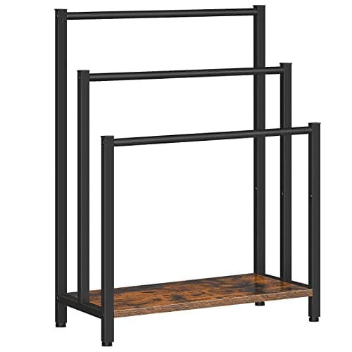 Image of HOOBRO Free Standing Towel Rail, 60 L x 28 W x 80 H cm, 3 Tier Towel Rack for Bathroom, Industrial Metal Drying and Display Rack with Shelf, Rustic Brown and Black EBF06LB01
