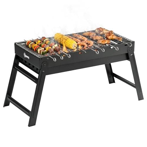 Image of Outsunny Portable Charcoal Grill with Pull-Out Charcoal Basin, Folding Tabletop Barbecue, Compact Camping BBQ, Galvanised Metal, 73 x 31 x 38 cm, Black