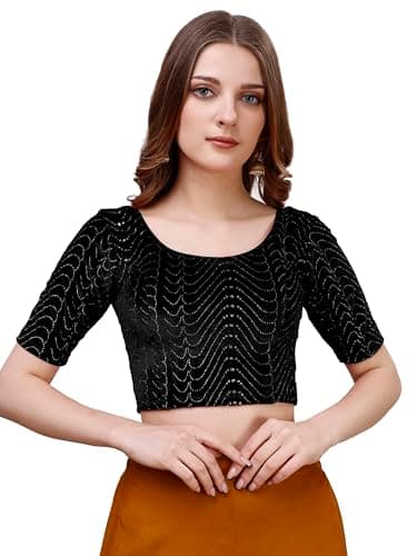 Image of Vihu Fashion Women's Readymade Velvet Lycra Stretchable Round Neck Half Sleeve Blouse with Jari Work Fancy Lycra Stretchable Blouse for Women Readymade Saree Blouse, black, 16