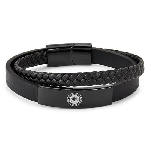 Image of The Gift Scholars Official Club Merchandise Chelsea FC Bracelet, Stainless Steel and Black IP Plated Leather, Men's Football Accessory