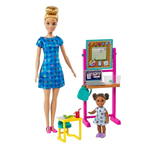 Image of Barbie Teacher Doll (Blonde),Toddler Doll (Brunette), Flip Board, Laptop, Backpack, Toddler Desk, Pet Turtle, Great Gift for Ages 3 Years Old & Up, HCN19
