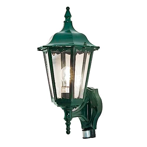 Image of Konstsmide Outdoor Wall Light Mains Powered/Firenze Up Traditional Lantern with PIR Sensor Motion Detector/1 x 100 W E27 Max Lamp/Clear Acylic Glass/Aluminium/IP43/Outside Light Green