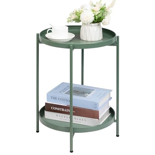Image of HollyHOME Round Side Table Outdoor Living Room Small Metal Coffee Table for Balcony Patio 2 Tier Tray End Table Nightstand for Bedroom, Grass Green