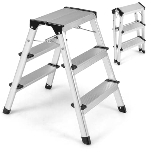 Image of TANGZON Folding 3 Step Ladder, Aluminum Step Stool with Widen Anti-Slip Pedals, 150KG Portable Tread Stepladder for Household Office Garage Shop (62 x 44 x 60 cm, Dual-Sided 3 Step)
