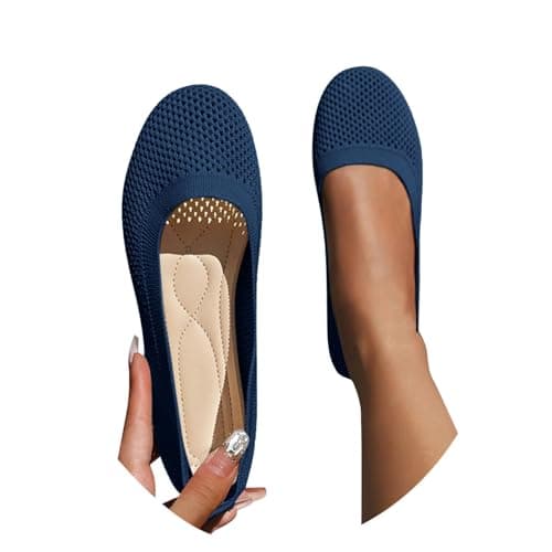 Image of Women's Ballet Flats Slip-On Shoes Non-Slip Knitted Trainers Comfortable Breathable Summer Sporty Women Flat Shoes Comfort Shoes, navy, 7 UK