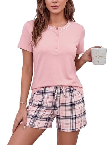 Image of Litherday Womens Pyjamas Set Summer Short PJs for Women Cotton Blend Sleepwear Ladies Button Top and Check Shorts Nightwear Loungewear Style1 Pink S