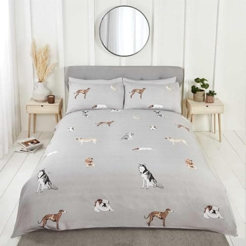 Image of Rapport Home Paws & Tails Animal Print Duvet Cover Set King Grey - Reversible Dog Cat Puppy Bedding with Matching Pillowcases - Soft Easy Care Microfibre Quilt Cover