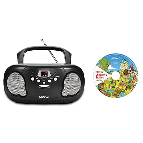 Image of Groov-e Orginal Boombox & Kids Story CD Bundle - Portable CD Player with Radio, 3.5mm Aux Port, & Headphone Socket - CD Features 10 Classic Children's Stories - Battery or Mains Powered - Black