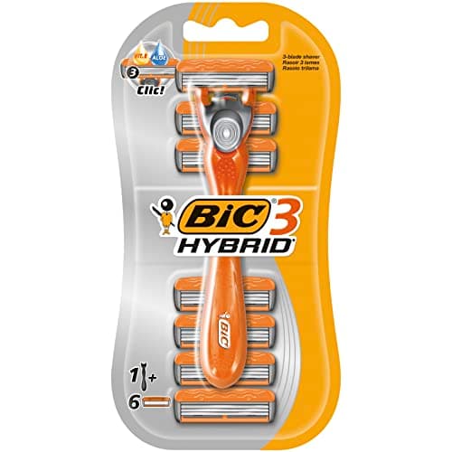 Image of BIC 3 Hybrid , Men's Triple-Blade Razors for Men, Long Curved Handle for Easy Grip, Pack with 1 Handle and 6 Refills