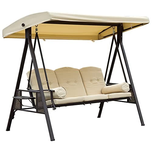 Image of Outsunny 3 Seater Garden Swing Chair Outdoor Hammock Bench w/Adjustable Canopy, Cushions and Cup Trays, Brown Steel Frame, Beige Fabric