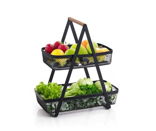 Image of Trendi 2 Tray Fruit Stand Fruit Bowl, 2-Tier Mesh Fruit Basket with Wooden Handle, Fruit Bowl, Bread Basket, Vegetable Bread Basket, Modern for Kitchen Decoration, Vegetables, Fruits, Snacks