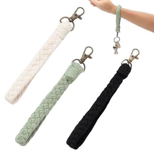 Image of TRUEIN 3Pcs Bohemian Braided Keychain, Handmade Keyring Wristlet, Keychain Bracelet, Keyring Bracelet with Lobster Clasp and Key Ring for Women Girls (White, Black, Soya Green)
