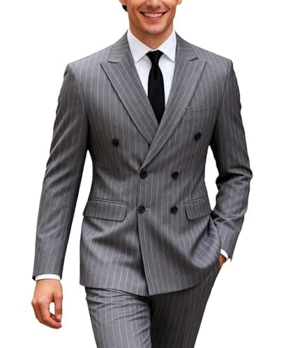 Image of UNINUKOO Men's Suits 2 Piece Pinstripe Double Breasted Tuxedo Suit for Men Slim Fit Formal Dress Blazer Jacket Pants, Dark Grey, XL